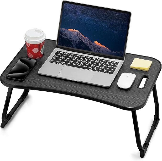 đ» Table de lit pliante pour ordinateur portable avec tiroir, porte-gobelet et support de tĂ©lĂ©phone â Bois Noyer