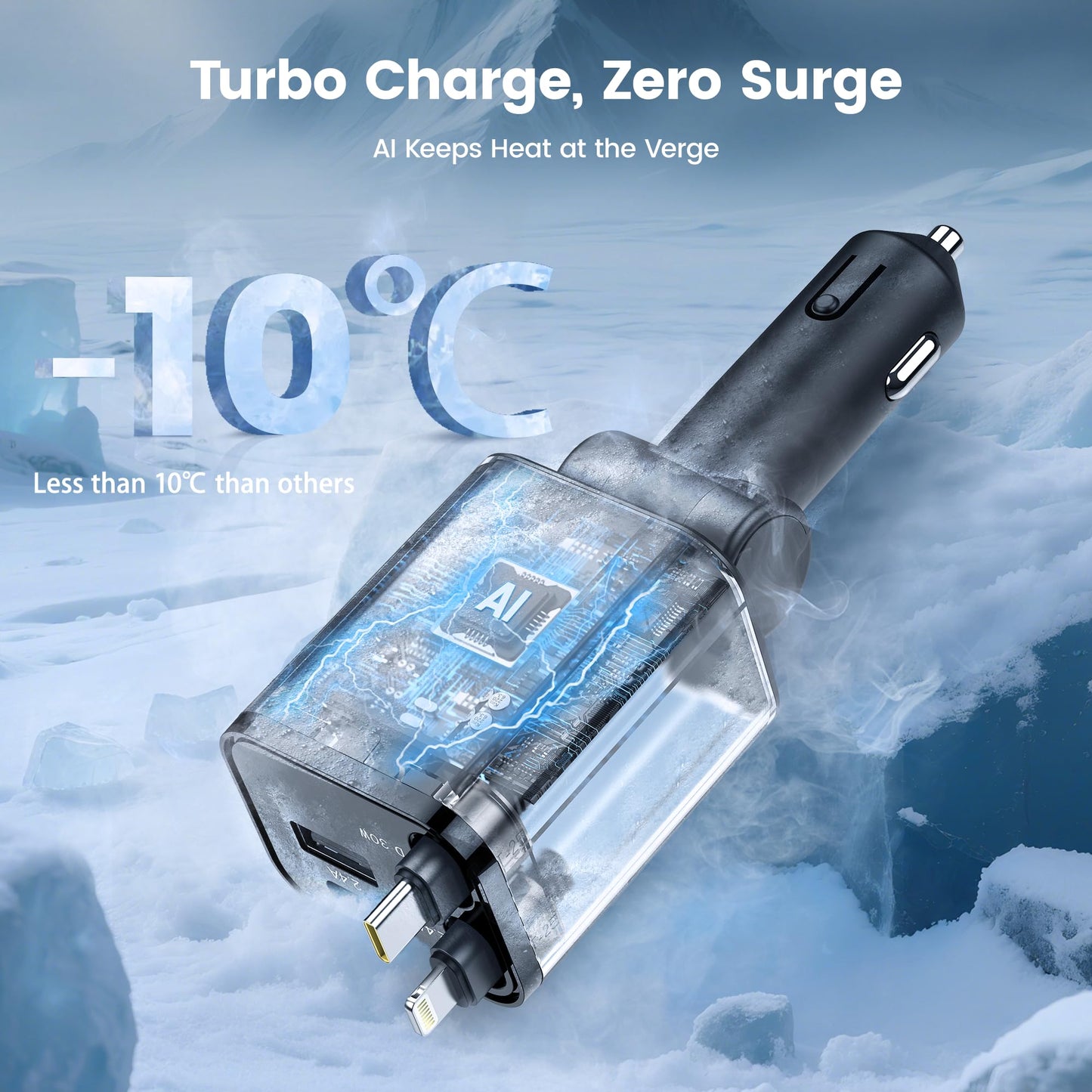 🚗⚡ Chargeur 4-en-1 120 W pour Voiture  — USB-C + USB-A + Câbles rétractables (Lightning - USB-C) — iPhone et Android