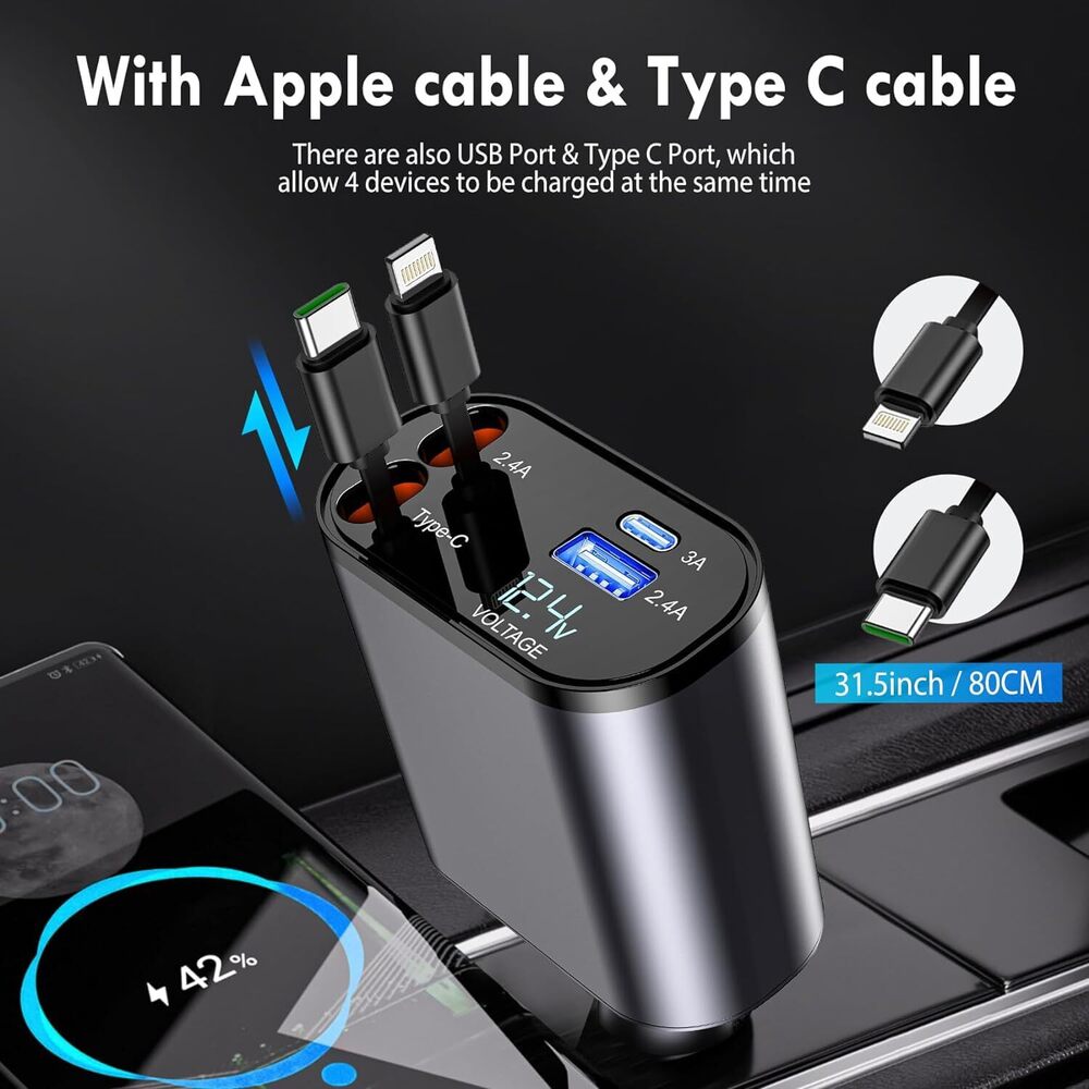 🚗⚡ Chargeur 4-en-1 120 W pour Voiture  — USB-C + USB-A + Câbles rétractables (Lightning - USB-C) — iPhone et Android