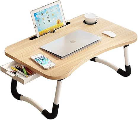 💻 Table de lit pliante pour ordinateur portable avec tiroir, porte-gobelet et support de téléphone – Bois Noyer