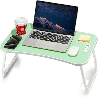 💻 Table de lit pliante pour ordinateur portable avec tiroir, porte-gobelet et support de téléphone – Bois Noyer