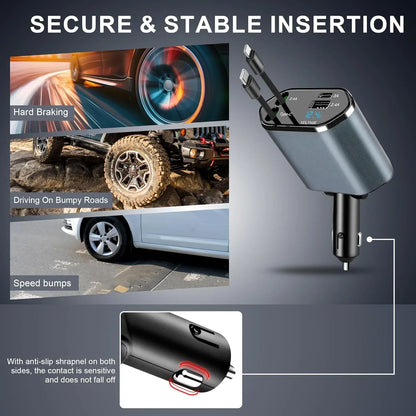 🚗⚡ Chargeur 4-en-1 120 W pour Voiture  — USB-C + USB-A + Câbles rétractables (Lightning - USB-C) — iPhone et Android