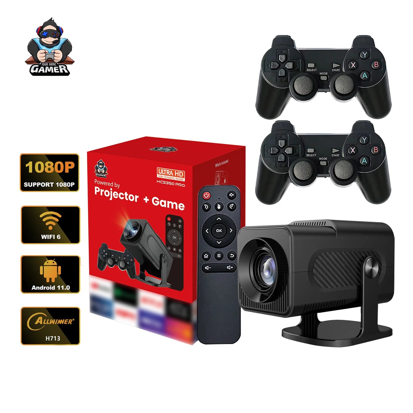 🎮✨ Projecteur Gaming + 2 Manettes – Home Cinéma & Console Intégrée