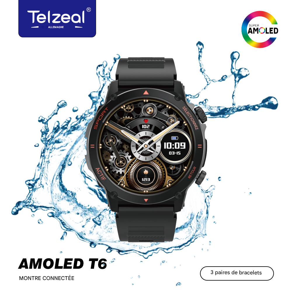 ⌚ Telzeal® AMOLED T6 – Montre Connectée Sport & Élégance