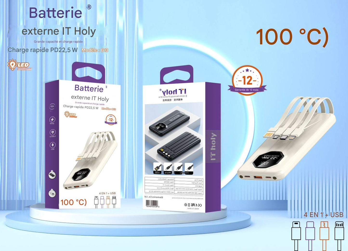 🔋 Batterie Externe IT Holy – 20000mAh 4-en-1 avec Charge Rapide PD22.5W & Câbles Intégrés