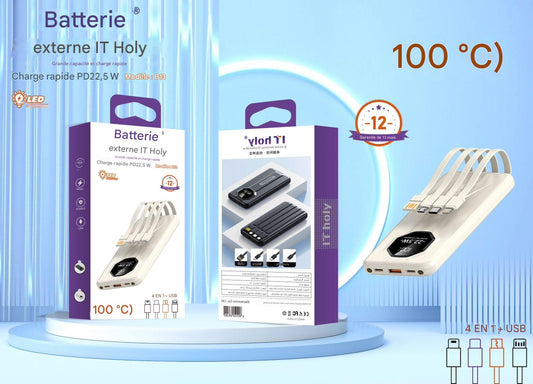 🔋 Batterie Externe IT Holy – 20000mAh 4-en-1 avec Charge Rapide PD22.5W & Câbles Intégrés