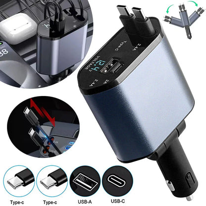 🚗⚡ Chargeur 4-en-1 120 W pour Voiture  — USB-C + USB-A + Câbles rétractables (Lightning - USB-C) — iPhone et Android