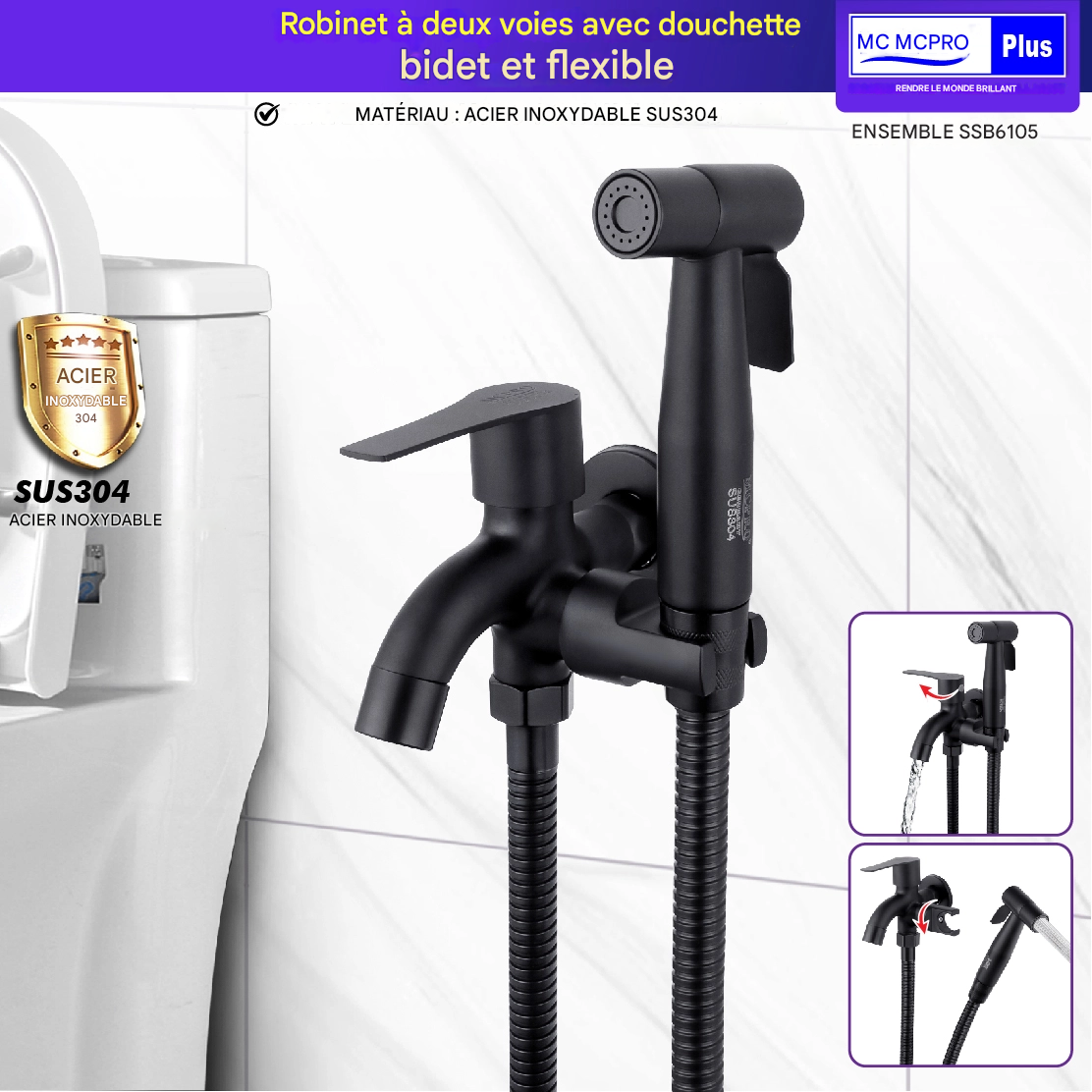 🛁 Robinet à Deux Voies avec Douchette Bidet & Flexible – Acier Inoxydabl