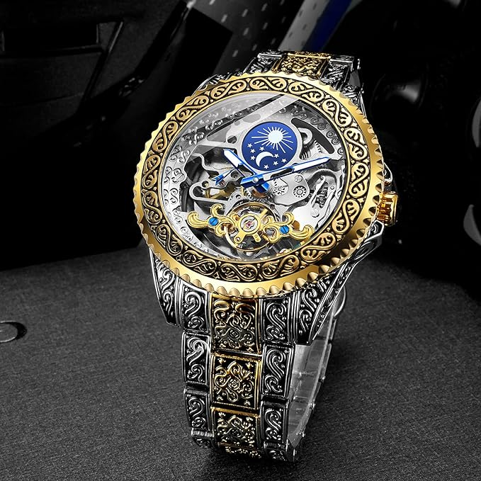 Montre Automatique Squelette Rétro Gravée – Édition Or & Argent ⌚✨