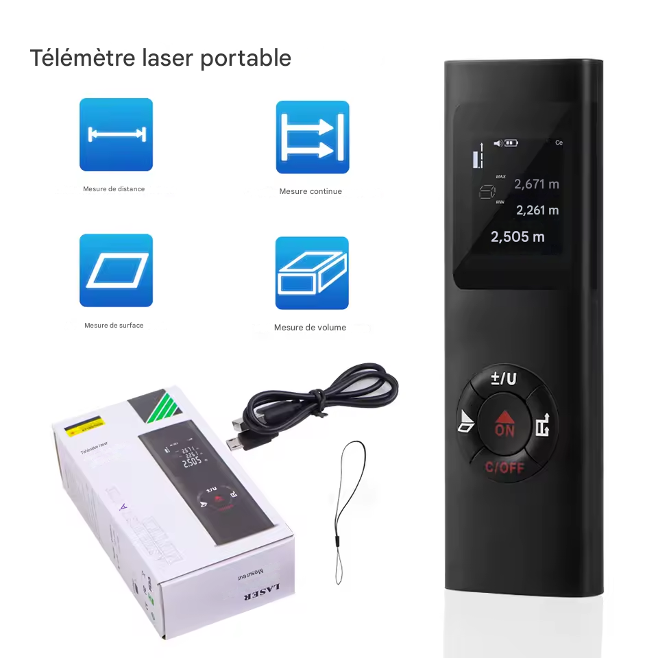 📏 Télémètre Laser Portable 40 m – Mesure Précise et Rechargeable par USB